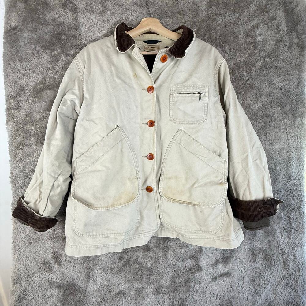 LL Bean Chore Coat Barn Jacket Field Corduroy Collar Plaid Lined Women PM MP